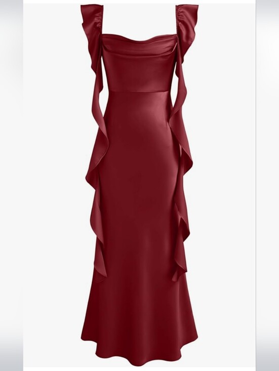 Cider Dresses & Skirts - Cider Burgundy Satin Ruffle Maxi Dress Size "S" New